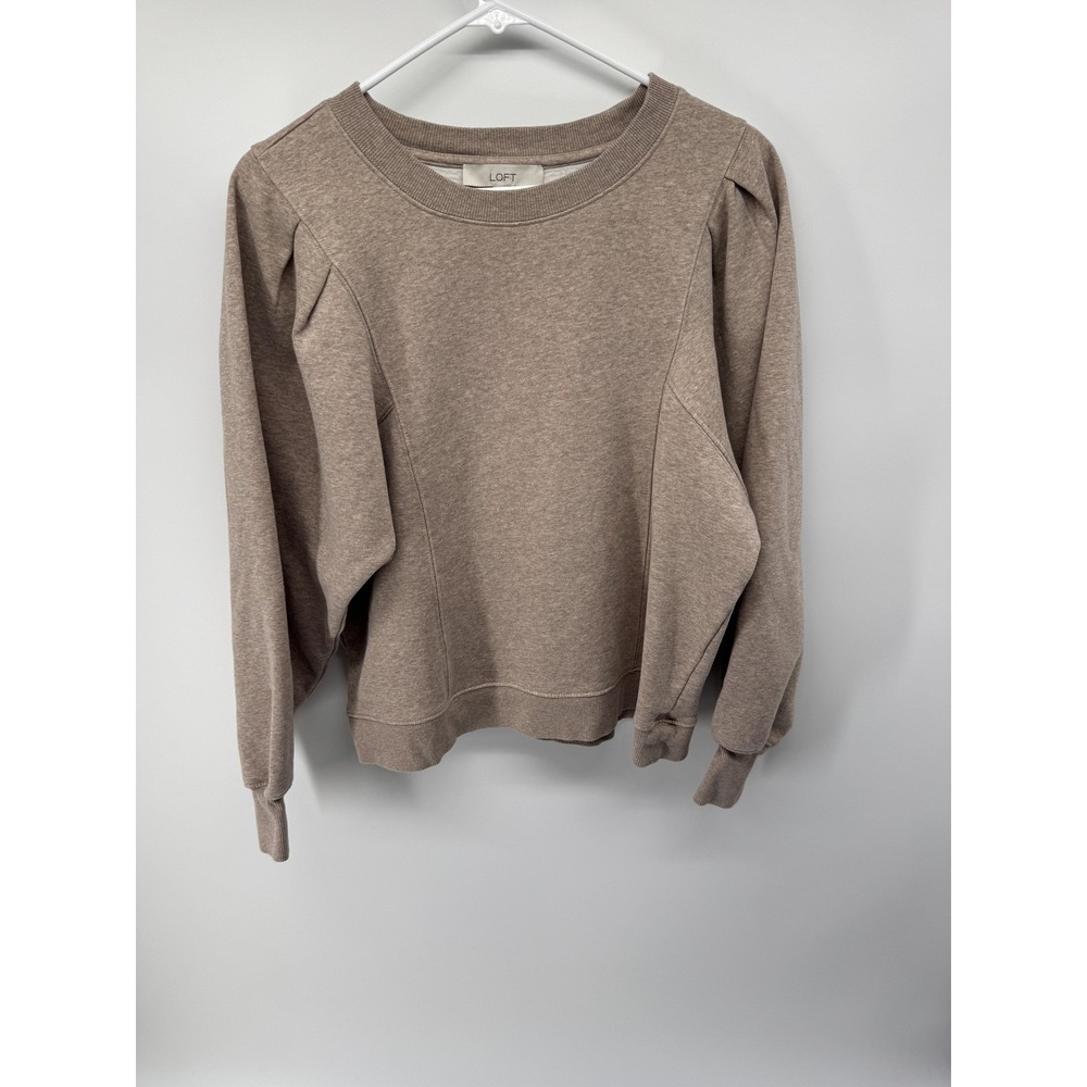 LOFT Sweatshirt Womens Medium Beige Fleece Pullover Puff Sleeve Crewneck Solid